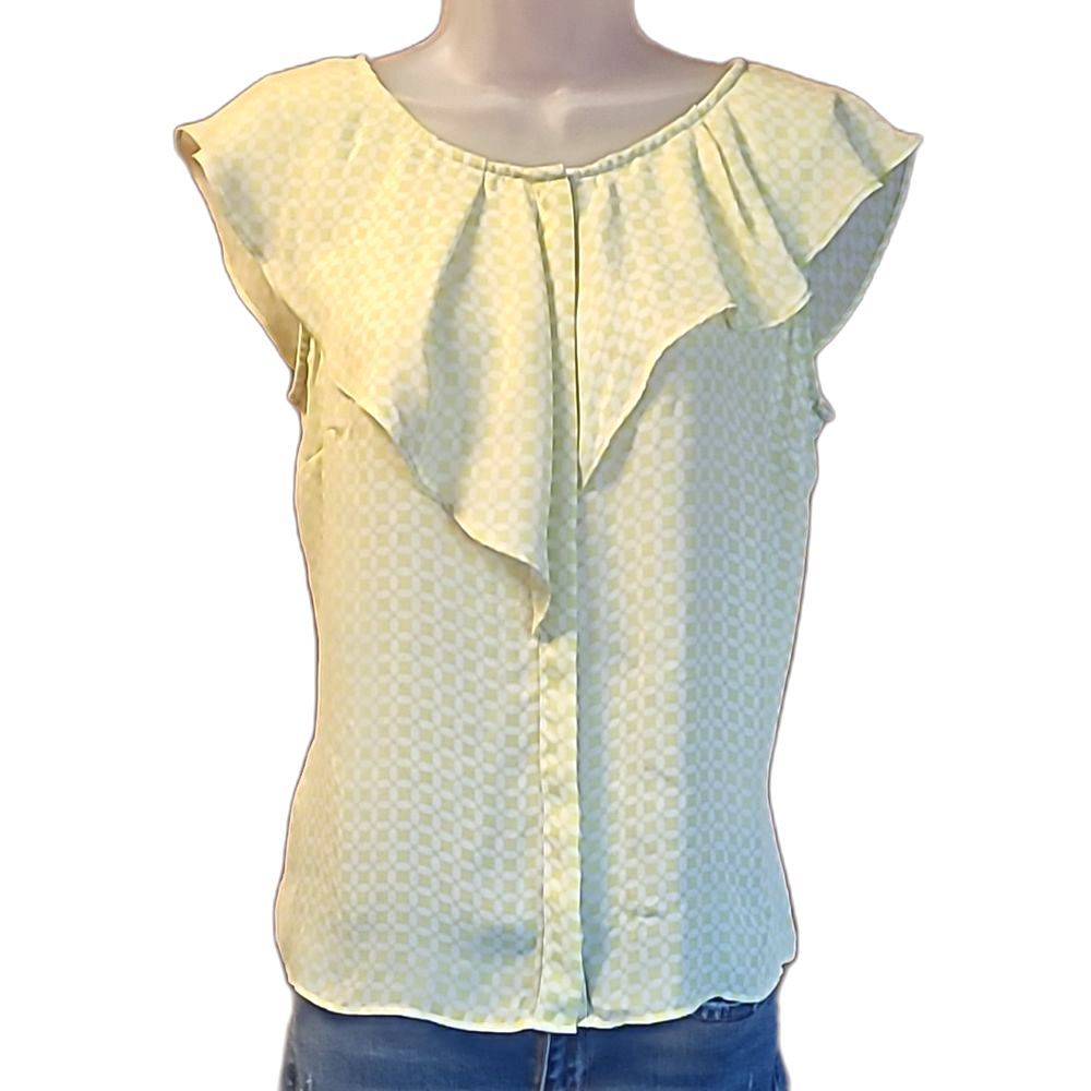 Worthington Butterfly Sleeve Tank Top Button Down Ruffle Collar Neon Blouse